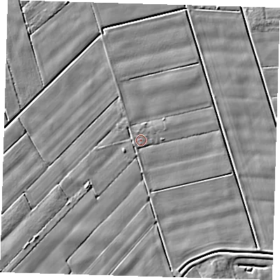 Shaded relief map of the ground around PE120JZ, computed from Environment Agency LiDAR. The ground here sits at about 2 m above sea level and falls 4 m across the surrounding 800 m. Surface water reaching this point runs off ground lying to the west-south-west, 0.9 m higher.