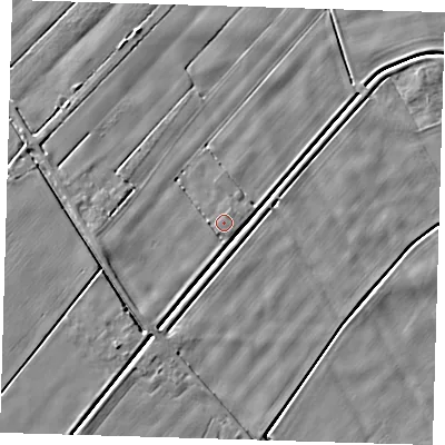 Shaded relief map of the ground around PE120LA, computed from Environment Agency LiDAR. The ground here sits at about 2 m above sea level and falls 3 m across the surrounding 800 m. Surface water reaching this point runs off ground lying to the south-east, 1.3 m higher.