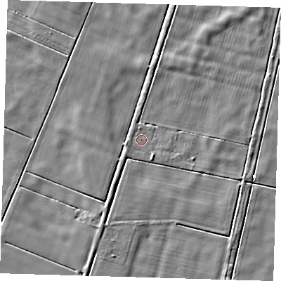 Shaded relief map of the ground around PE120LH, computed from Environment Agency LiDAR. The ground here sits at about 1 m above sea level and falls 3 m across the surrounding 800 m. Surface water reaching this point runs off ground lying to the west-south-west, 0.7 m higher.
