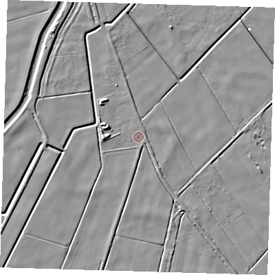 Shaded relief map of the ground around PE120LQ, computed from Environment Agency LiDAR. The ground here sits at about 1 m above sea level and falls 5 m across the surrounding 800 m. Surface water reaching this point runs off ground lying to the south, 0.6 m higher.