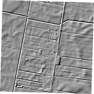 Shaded relief map of the ground around PE120LR, computed from Environment Agency LiDAR. The ground here sits at about 1 m above sea level and falls 4 m across the surrounding 800 m. Surface water reaching this point runs off ground lying to the south-east, 1.4 m higher.