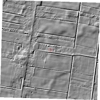 Shaded relief map of the ground around PE120LS, computed from Environment Agency LiDAR. The ground here sits at about 2 m above sea level and falls 4 m across the surrounding 800 m. Surface water reaching this point runs off ground lying to the south-east, 2.3 m higher.