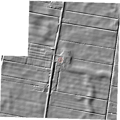 Shaded relief map of the ground around PE120LT, computed from Environment Agency LiDAR. The ground here sits at about 2 m above sea level and falls 4 m across the surrounding 800 m. Surface water reaching this point runs off ground lying to the east-south-east, 1.6 m higher.
