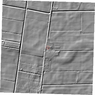 Shaded relief map of the ground around PE120LU, computed from Environment Agency LiDAR. The ground here sits at about 2 m above sea level and falls 5 m across the surrounding 800 m. Surface water reaching this point runs off ground lying to the south-south-west, 1.0 m higher.