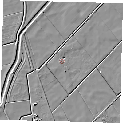 Shaded relief map of the ground around PE120LX, computed from Environment Agency LiDAR. The ground here sits at about 1 m above sea level and falls 5 m across the surrounding 800 m. Surface water reaching this point runs off ground lying to the south-south-east, 3.6 m higher.