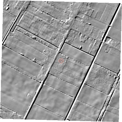 Shaded relief map of the ground around PE120NJ, computed from Environment Agency LiDAR. The ground here sits at about 2 m above sea level and falls 5 m across the surrounding 800 m. Surface water reaching this point runs off ground lying to the east-south-east, 0.5 m higher.