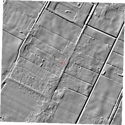Shaded relief map of the ground around PE120NL, computed from Environment Agency LiDAR. The ground here sits at about 2 m above sea level and falls 4 m across the surrounding 800 m. Surface water reaching this point runs off ground lying to the south-west, 2.0 m higher.