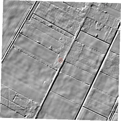 Shaded relief map of the ground around PE120NP, computed from Environment Agency LiDAR. The ground here sits at about 1 m above sea level and falls 5 m across the surrounding 800 m. Surface water reaching this point runs off ground lying to the south, 0.9 m higher.