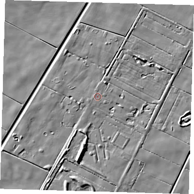 Shaded relief map of the ground around PE120NT, computed from Environment Agency LiDAR. The ground here sits at about 2 m above sea level and falls 8 m across the surrounding 800 m. Surface water reaching this point runs off ground lying to the west-north-west, 0.9 m higher.