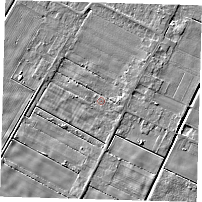 Shaded relief map of the ground around PE120NW, computed from Environment Agency LiDAR. The ground here sits at about 2 m above sea level and falls 5 m across the surrounding 800 m. Surface water reaching this point runs off ground lying to the north-east, 2.5 m higher.