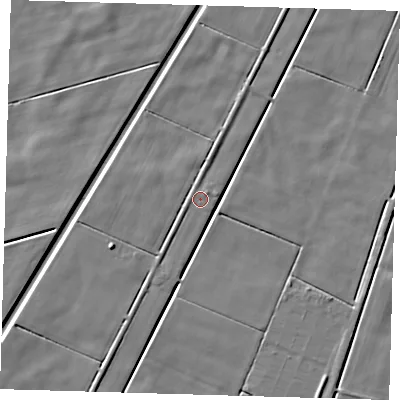 Shaded relief map of the ground around PE120NX, computed from Environment Agency LiDAR. The ground here sits at about 2 m above sea level and falls 5 m across the surrounding 800 m. Surface water reaching this point runs off ground lying to the west-south-west, 0.6 m higher.