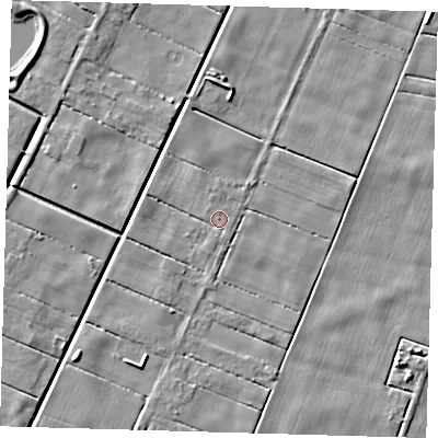 Shaded relief map of the ground around PE120PA, computed from Environment Agency LiDAR. The ground here sits at about 2 m above sea level and falls 6 m across the surrounding 800 m. Surface water reaching this point runs off ground lying to the south-east, 1.1 m higher.