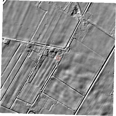 Shaded relief map of the ground around PE120PY, computed from Environment Agency LiDAR. The ground here sits at about 2 m above sea level and falls 4 m across the surrounding 800 m. Surface water reaching this point runs off ground lying to the north-west, 1.4 m higher.