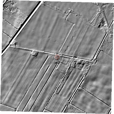 Shaded relief map of the ground around PE120PZ, computed from Environment Agency LiDAR. The ground here sits at about 3 m above sea level and falls 4 m across the surrounding 800 m. Surface water reaching this point runs off ground lying to the north-north-west, 1.5 m higher.
