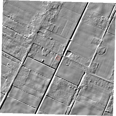Shaded relief map of the ground around PE120QG, computed from Environment Agency LiDAR. The ground here sits at about 2 m above sea level and falls 5 m across the surrounding 800 m. Surface water reaching this point runs off ground lying to the north-east, 0.9 m higher.