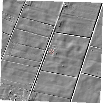 Shaded relief map of the ground around PE120QH, computed from Environment Agency LiDAR. The ground here sits at about 2 m above sea level and falls 5 m across the surrounding 800 m. Surface water reaching this point runs off ground lying to the west, 2.1 m higher.