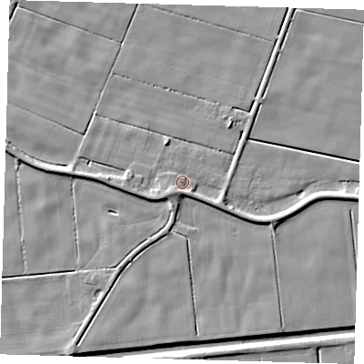 Shaded relief map of the ground around PE120QL, computed from Environment Agency LiDAR. The ground here sits at about 2 m above sea level and falls 6 m across the surrounding 800 m. Surface water reaching this point runs off ground lying to the south-west, 3.6 m higher.