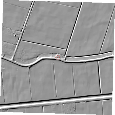 Shaded relief map of the ground around PE120QN, computed from Environment Agency LiDAR. The ground here sits at about 2 m above sea level and falls 6 m across the surrounding 800 m. Surface water reaching this point runs off ground lying to the south-west, 3.7 m higher.