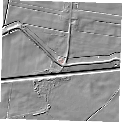 Shaded relief map of the ground around PE120QP, computed from Environment Agency LiDAR. The ground here sits at about 2 m above sea level and falls 6 m across the surrounding 800 m. Surface water reaching this point runs off ground lying to the south-east, 4.4 m higher.