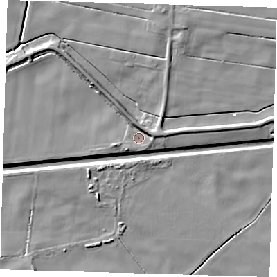 Shaded relief map of the ground around PE120QR, computed from Environment Agency LiDAR. The ground here sits at about 2 m above sea level and falls 7 m across the surrounding 800 m. Surface water reaching this point runs off ground lying to the east-north-east, 3.6 m higher.