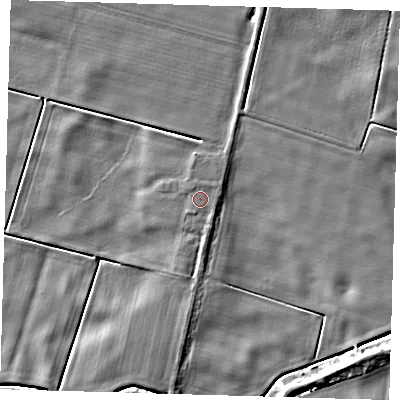 Shaded relief map of the ground around PE120QS, computed from Environment Agency LiDAR. The ground here sits at about 3 m above sea level and falls 6 m across the surrounding 800 m. The ground contributing surface water to this point lies to the north-north-west.