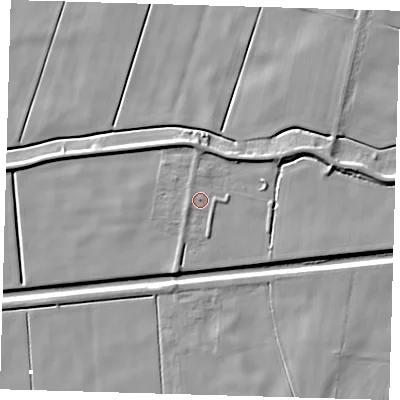 Shaded relief map of the ground around PE120QT, computed from Environment Agency LiDAR. The ground here sits at about 2 m above sea level and falls 7 m across the surrounding 800 m. Surface water reaching this point runs off ground lying to the west-north-west, 0.9 m higher.