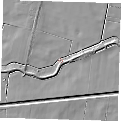 Shaded relief map of the ground around PE120QW, computed from Environment Agency LiDAR. The ground here sits at about 1 m above sea level and falls 7 m across the surrounding 800 m. Surface water reaching this point runs off ground lying to the east-north-east, 5.5 m higher.