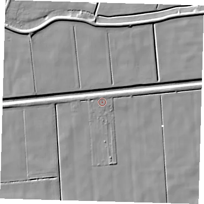 Shaded relief map of the ground around PE120QX, computed from Environment Agency LiDAR. The ground here sits at about 1 m above sea level and falls 6 m across the surrounding 800 m. Surface water reaching this point runs off ground lying to the north-west, 1.6 m higher.
