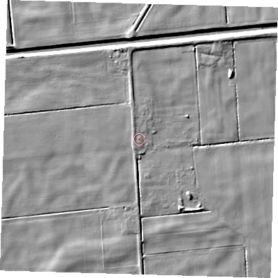 Shaded relief map of the ground around PE120QY, computed from Environment Agency LiDAR. The ground here sits at about 2 m above sea level and falls 5 m across the surrounding 800 m. Surface water reaching this point runs off ground lying to the north-north-west, 1.0 m higher.
