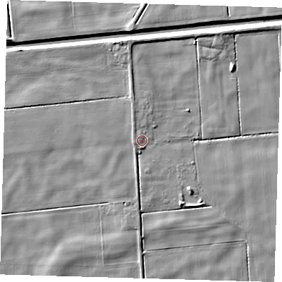 Shaded relief map of the ground around PE120QZ, computed from Environment Agency LiDAR. The ground here sits at about 2 m above sea level and falls 5 m across the surrounding 800 m. Surface water reaching this point runs off ground lying to the west, 1.4 m higher.