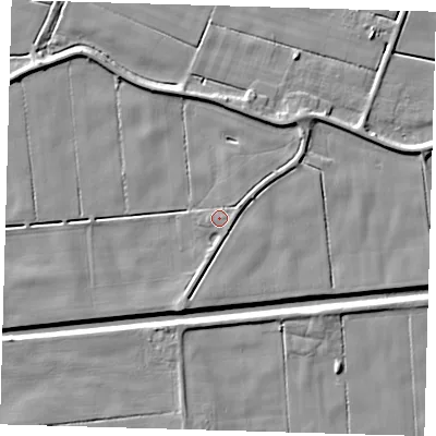 Shaded relief map of the ground around PE120RA, computed from Environment Agency LiDAR. The ground here sits at about 2 m above sea level and falls 6 m across the surrounding 800 m. Surface water reaching this point runs off ground lying to the east-north-east, 2.1 m higher.