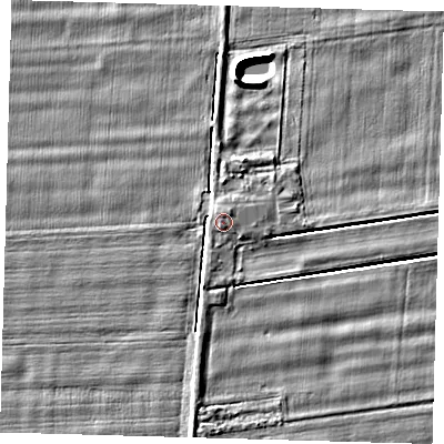 Shaded relief map of the ground around PE120RT, computed from Environment Agency LiDAR. The ground here sits at about 3 m above sea level and falls 5 m across the surrounding 800 m. The ground contributing surface water to this point lies to the west-north-west.