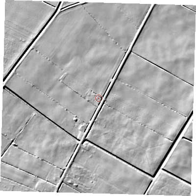 Shaded relief map of the ground around PE120RU, computed from Environment Agency LiDAR. The ground here sits at about 2 m above sea level and falls 4 m across the surrounding 800 m. Surface water reaching this point runs off ground lying to the south-south-east, 2.0 m higher.
