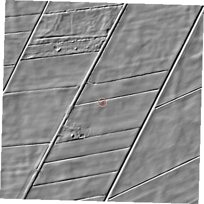 Shaded relief map of the ground around PE120RX, computed from Environment Agency LiDAR. The ground here sits at about 2 m above sea level and falls 5 m across the surrounding 800 m. Surface water reaching this point runs off ground lying to the west-south-west, 2.1 m higher.