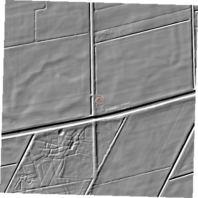Shaded relief map of the ground around PE120RY, computed from Environment Agency LiDAR. The ground here sits at about 2 m above sea level and falls 4 m across the surrounding 800 m. Surface water reaching this point runs off ground lying to the south-south-west, 1.4 m higher.