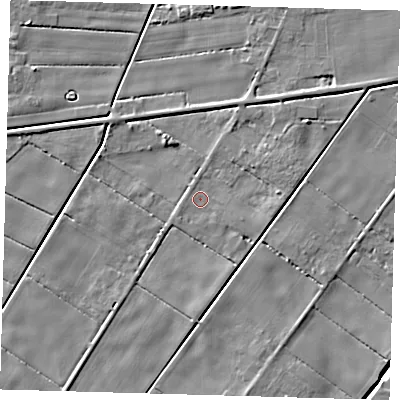 Shaded relief map of the ground around PE120SD, computed from Environment Agency LiDAR. The ground here sits at about 2 m above sea level and falls 4 m across the surrounding 800 m. Surface water reaching this point runs off ground lying to the east, 1.8 m higher.