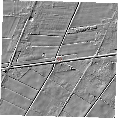 Shaded relief map of the ground around PE120SE, computed from Environment Agency LiDAR. The ground here sits at about 2 m above sea level and falls 4 m across the surrounding 800 m. Surface water reaching this point runs off ground lying to the south-south-west, 2.1 m higher.