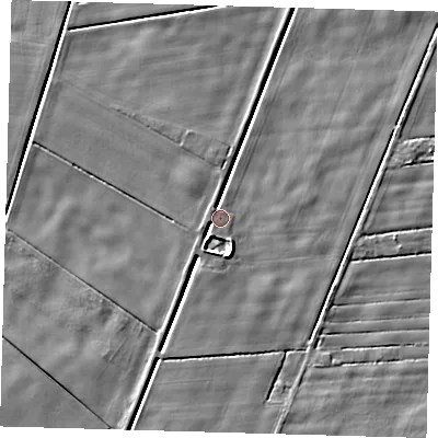 Shaded relief map of the ground around PE120SJ, computed from Environment Agency LiDAR. The ground here sits at about 2 m above sea level and falls 4 m across the surrounding 800 m. Surface water reaching this point runs off ground lying to the south-south-west, 3.5 m higher.