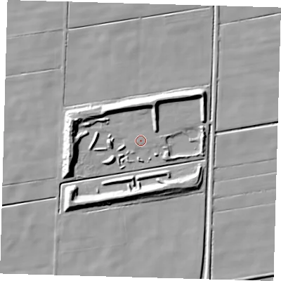 Shaded relief map of the ground around PE120SL, computed from Environment Agency LiDAR. The ground here sits at about 2 m above sea level and falls 11 m across the surrounding 800 m. The ground contributing surface water to this point lies to the north-east.