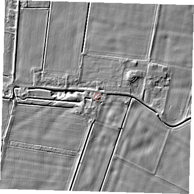Shaded relief map of the ground around PE120SP, computed from Environment Agency LiDAR. The ground here sits at about 3 m above sea level and falls 4 m across the surrounding 800 m. Surface water reaching this point runs off ground lying to the south-west, 1.8 m higher.