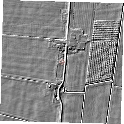 Shaded relief map of the ground around PE120SS, computed from Environment Agency LiDAR. The ground here sits at about 3 m above sea level and falls 5 m across the surrounding 800 m. Surface water reaching this point runs off ground lying to the south, 1.1 m higher.