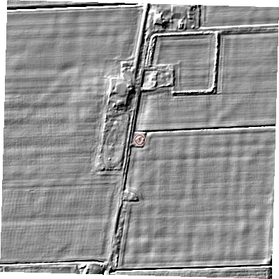 Shaded relief map of the ground around PE120SZ, computed from Environment Agency LiDAR. The ground here sits at about 3 m above sea level and falls 4 m across the surrounding 800 m. Surface water reaching this point runs off ground lying to the north, 2.1 m higher.