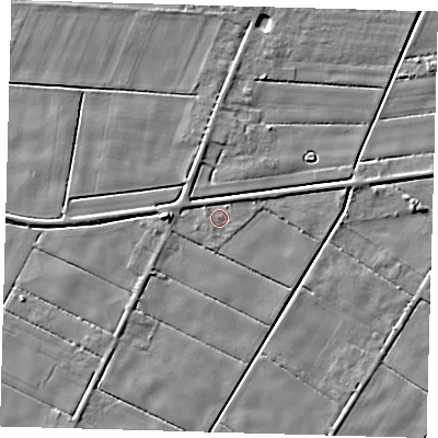 Shaded relief map of the ground around PE120TP, computed from Environment Agency LiDAR. The ground here sits at about 2 m above sea level and falls 4 m across the surrounding 800 m. Surface water reaching this point runs off ground lying to the north-north-east, 1.5 m higher.