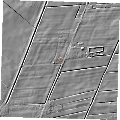 Shaded relief map of the ground around PE120TR, computed from Environment Agency LiDAR. The ground here sits at about 2 m above sea level and falls 4 m across the surrounding 800 m. Surface water reaching this point runs off ground lying to the south-west, 3.2 m higher.