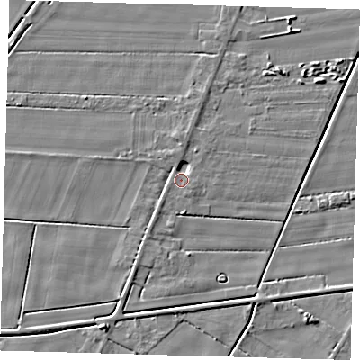 Shaded relief map of the ground around PE120TW, computed from Environment Agency LiDAR. The ground here sits at about 3 m above sea level and falls 5 m across the surrounding 800 m. Surface water reaching this point runs off ground lying to the north-north-west, 1.6 m higher.