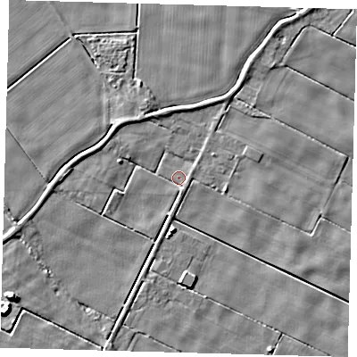 Shaded relief map of the ground around PE120TY, computed from Environment Agency LiDAR. The ground here sits at about 2 m above sea level and falls 7 m across the surrounding 800 m. Surface water reaching this point runs off ground lying to the north-north-east, 3.0 m higher.
