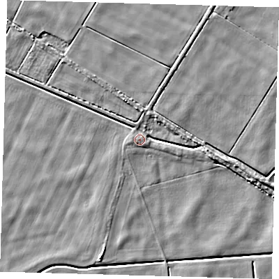 Shaded relief map of the ground around PE120UD, computed from Environment Agency LiDAR. The ground here sits at about 2 m above sea level and falls 5 m across the surrounding 800 m. Surface water reaching this point runs off ground lying to the east-south-east, 3.8 m higher.