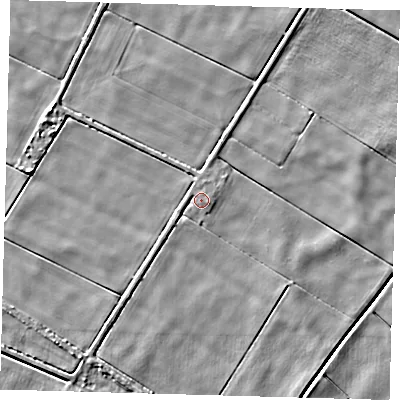 Shaded relief map of the ground around PE120UE, computed from Environment Agency LiDAR. The ground here sits at about 2 m above sea level and falls 4 m across the surrounding 800 m. Surface water reaching this point runs off ground lying to the north-north-east, 0.5 m higher.