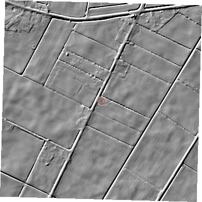 Shaded relief map of the ground around PE120UF, computed from Environment Agency LiDAR. The ground here sits at about 2 m above sea level and falls 4 m across the surrounding 800 m. Surface water reaching this point runs off ground lying to the north-north-east, 1.9 m higher.