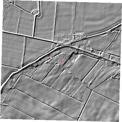 Shaded relief map of the ground around PE120UQ, computed from Environment Agency LiDAR. The ground here sits at about 2 m above sea level and falls 3 m across the surrounding 800 m. The ground contributing surface water to this point lies to the north-north-east.